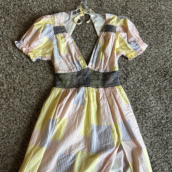 Urban Outfitters Liliana Side Slit Midi Dress Puff Sleeve patchwork striped Sz M - Picture 9 of 16